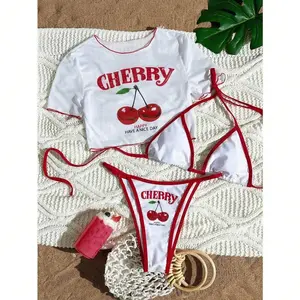 3pcs Women Summer Beachwear Set: Cherry & Letter Graphic Spaghetti Strap Bikini Set With Sheer Mesh Chiffon Loose Cover Up T-Shirt Top