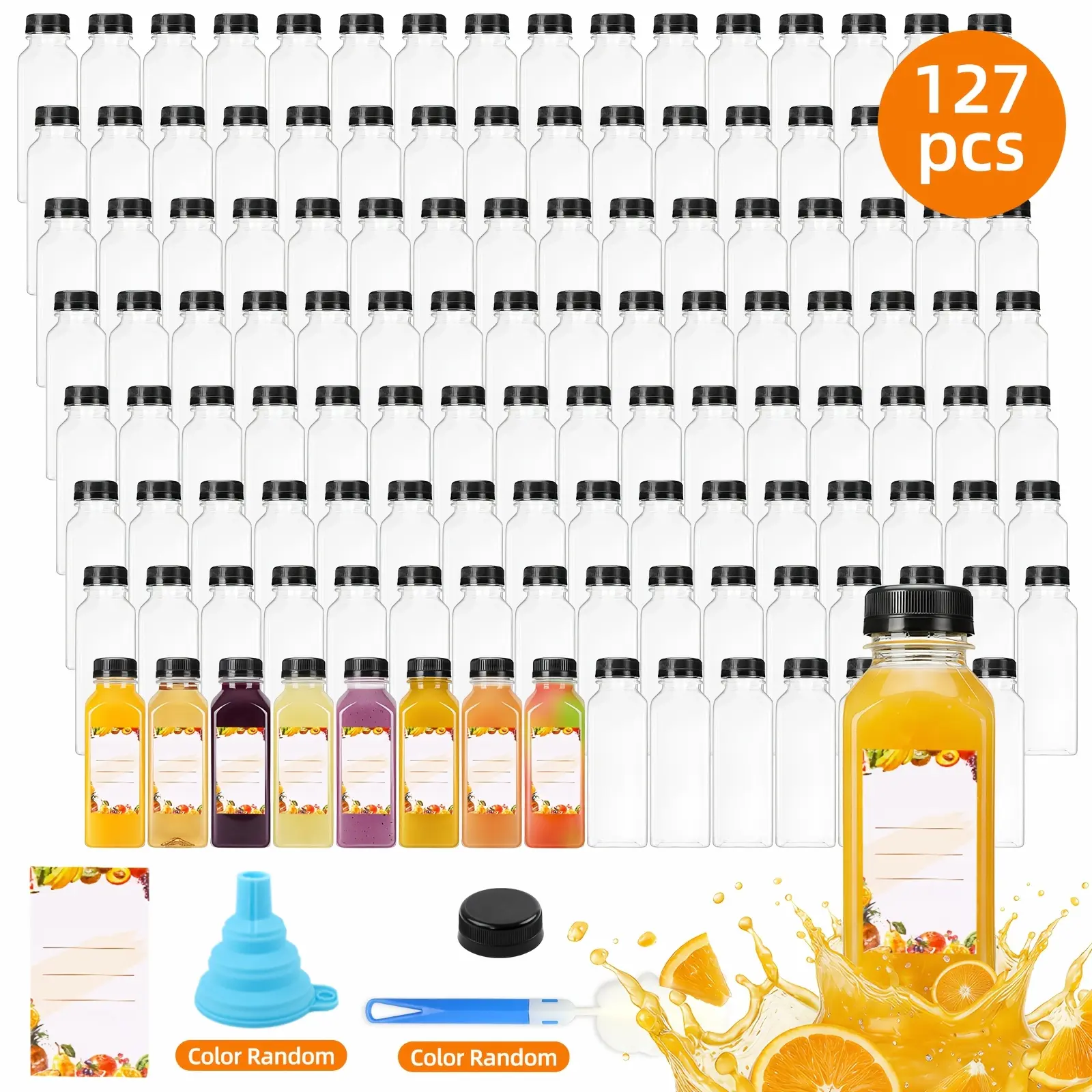 of 127/140/141/199 Empty Plastic Bottles, Party Cups, with Tamper-Proof Black Caps, 1 Rubber Funnel, 1 Sponge Brush, 12Oz/16Oz Empty Plastic Juice Bottles with Caps, Bulk Clear Beverage Containers for Juicing, Drinking, Other Beverages