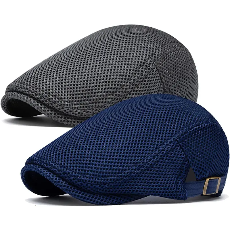 Men's 2-Piece Cotton-Polyester Mesh Duckbill Hat Set - Cooling Outdoor Wear Mens Hats, Solid Color Newsboy Beret, Curved Brim, Metal Buckle Adjustable, 57-60cm (22.4-23.6in), Suitable for Fishing, Driving