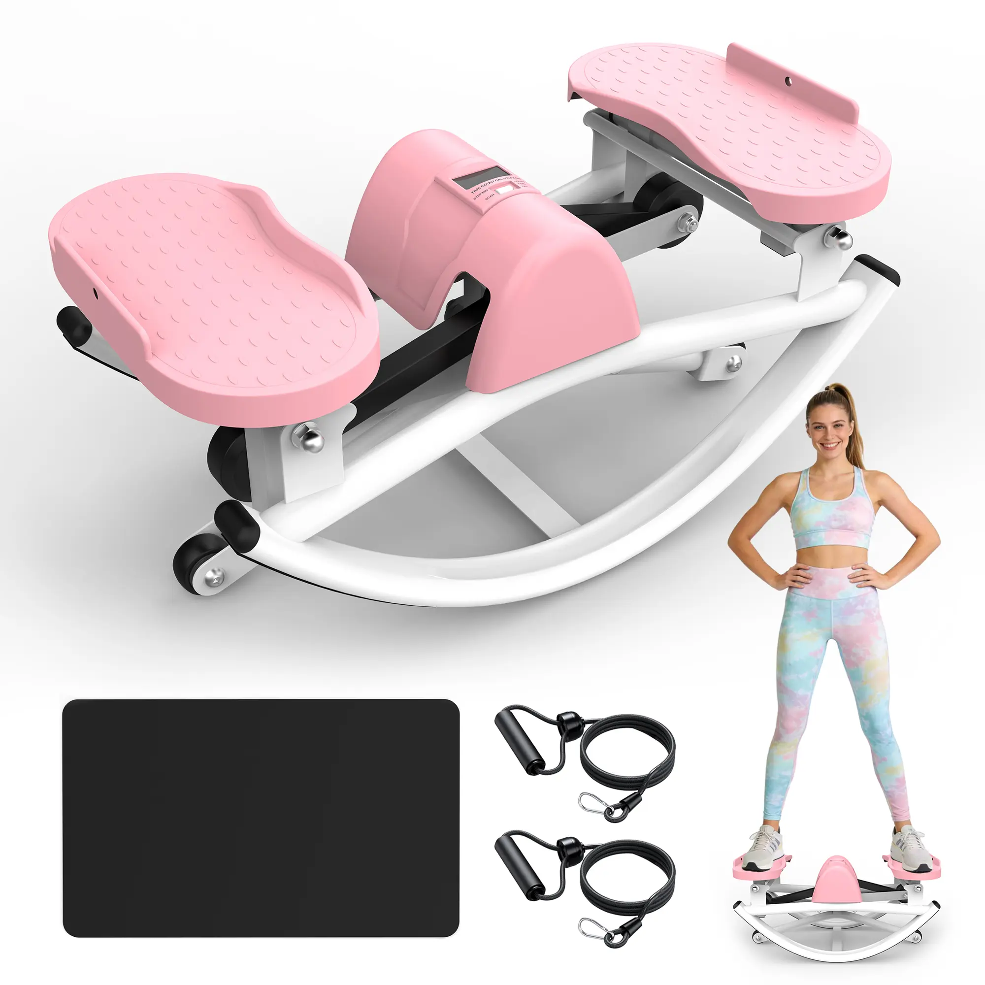SAYGOGO Smart Lateral Rocking Stair Stepper - Home Workout Equipment, Compact Folding Steel Frame Resistance Machine for Muscle Strengthening, with Elastic Bands, Anti-Slip Mat, LCD Monitor, 330LBS Max Capacity Home Gym Use, Resistance Machine Steppers