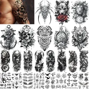 3D Half Sleeve Black Temporary Tattoos, Lion Wolf Skull Military Totem Fake Tattoo, Christmas tattoo stickers for Men Women,Cosplay BBQ Beach Pool party go Hiking Camp accessories