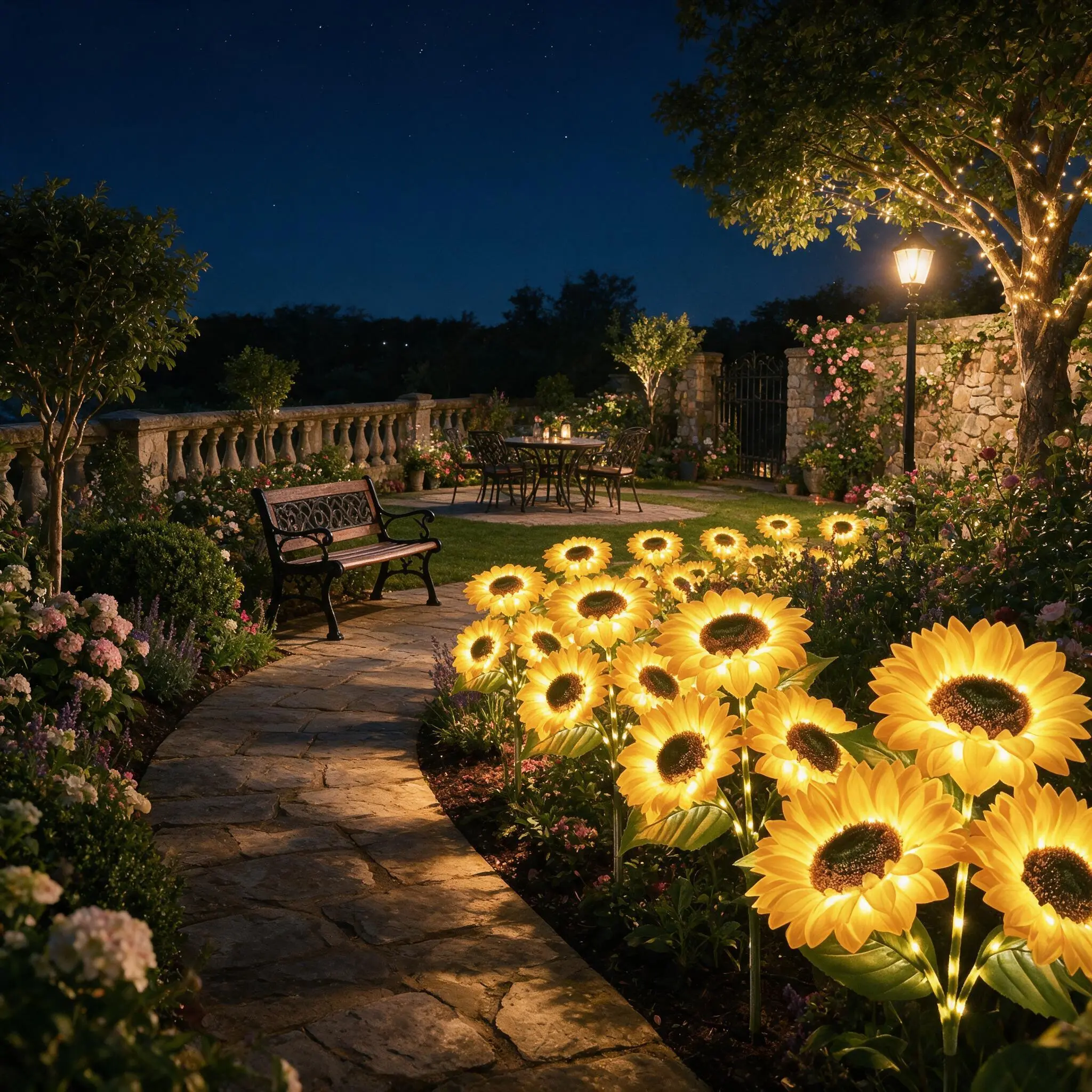 2-Pack Outdoor 3-Head Sunflower Look Solar Lights, Waterproof Garden Decor with Warm White Light, Ideal Gifts for Backyards, Porch or Deck Gatherings, Solar Light