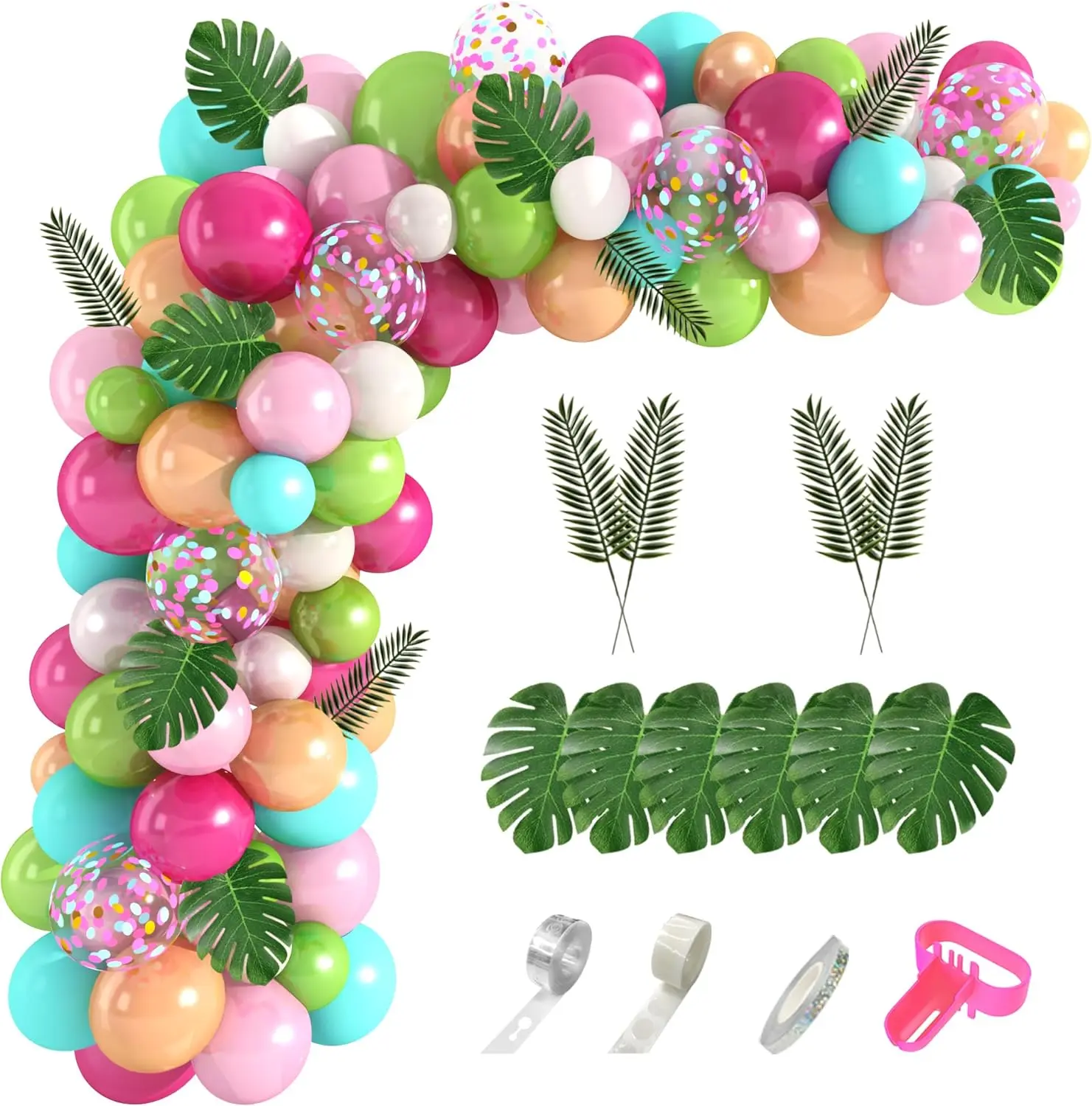 140PCS Tropical Balloons Arch Garland Kit, Green Hot Pink Confetti Latex Balloons Palm Leaves for Tropical Hawaii Flamingo Birthday Baby Shower Wedding Party Decorations Supplies Aqua Light