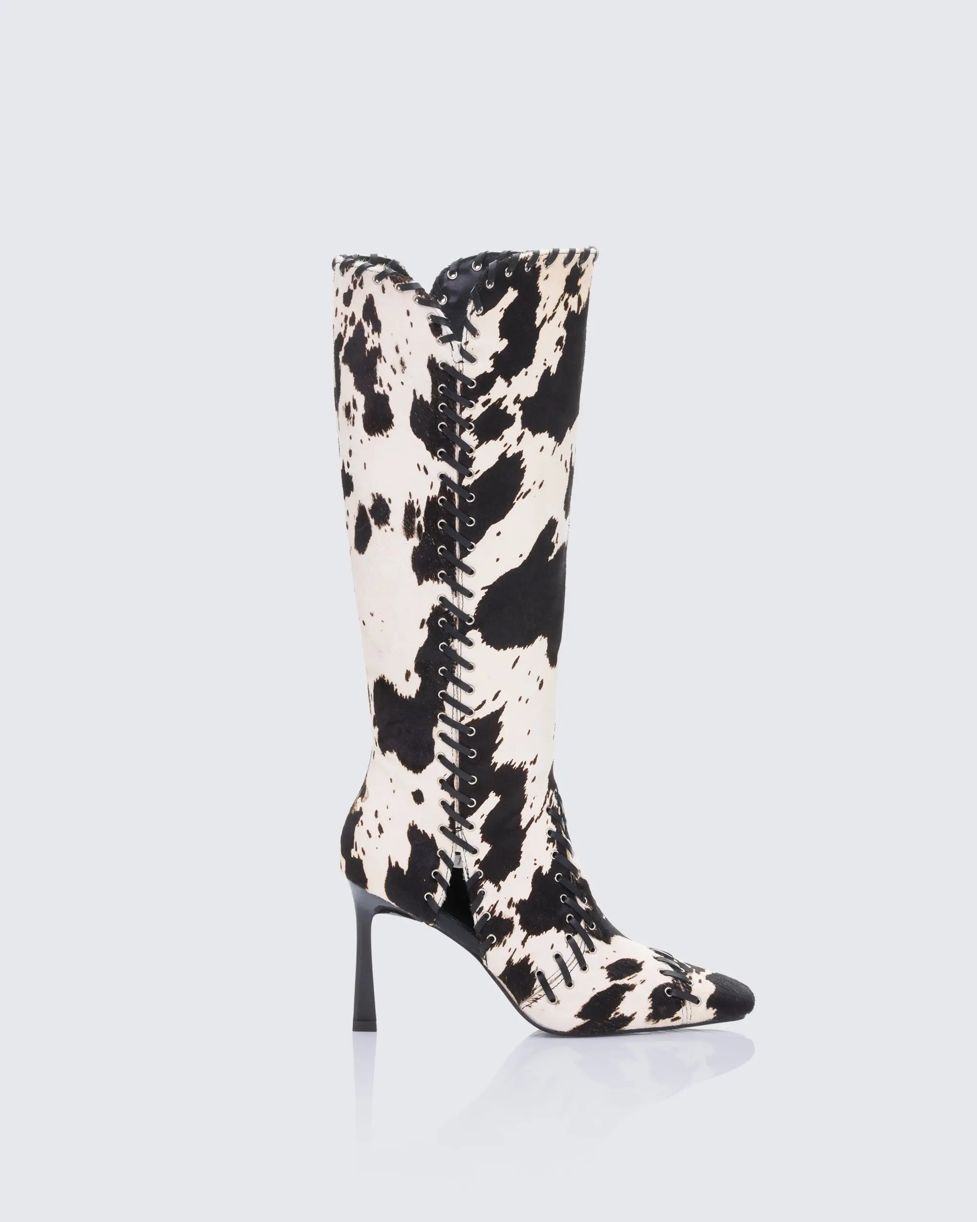 Women's Stylish Cow Print Knee-High Leather Boots - Pointed Toe High Stiletto Heel, Lace-Up Whip Stitch Detail, Rodeo Wear, Western Elegance, Country Girl Statement Footwear