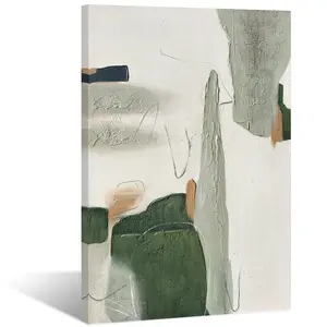 100% Hand-Painted 3D Abstract Wall Art with Wooden Frame, Modern Textured Canvas Painting for Living Room, Bedroom, Office Wall Décor, Elegant Green and Minimalist Artwork (Framed)