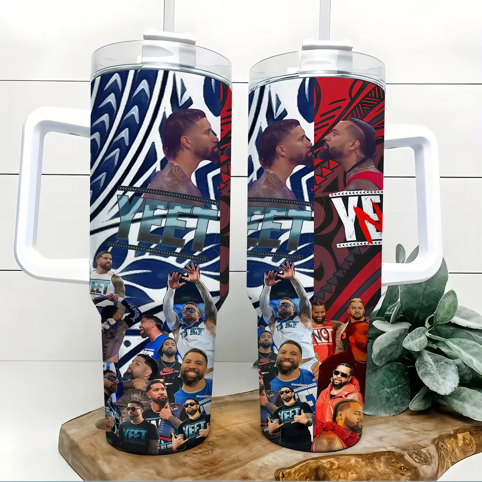 Blue Red YEET Wrestling Fan Inspired 40oz Insulated Tumbler with Handle and Straw Pro Wrestler Sports Collage Stainless Steel Water Bottle Travel Mug for Gym Car Commute Birthday Gift