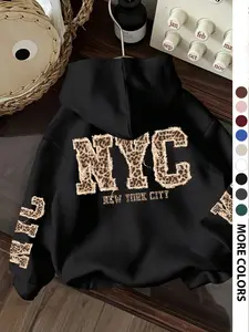 Women's Leopard Print Hoodie Pullover Long Sleeve, Casual Loose-Fit Pocket Hooded Sweatshirt, Fall & Winter Fashion, Soft Knitted Kint Fabric, Everyday Streetwear Style