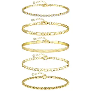CASSIECA Gold Ankle Bracelets 14 k Gold Plated Waterproof Stainless Steel Cuban Link Chain Ankle Set Paperclip Figaro Layered Anklets Bracelets for Women Dainty Summer Beach Jewelry 5Pcs