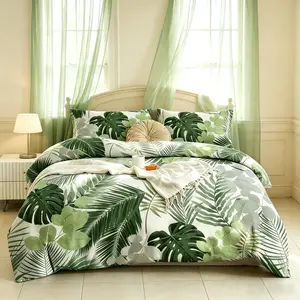 3-Piece Tropical Plant & Monstera Leaf Print Duvet Cover Set, 1 Duvet Cover (No Comforter) + 2 Pillowcases (No Inserts), Soft Fabric with Zipper Closure, Green Themed Bedroom Decor, Summer New Arrival