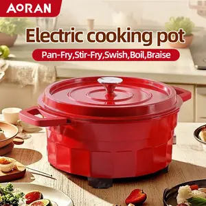 AORAN Red enamel cast iron dual-zone electric hot pot featuring rapid heat transfer and high-temperature resistance with a non-stick coating for easy cleaning