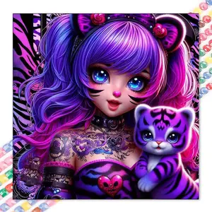 1 set of DIY diamond painting kit, 5D diamond art set, DIY decoration purple hair, tattoo heart shape, cute little cat. Mosaic, diamond art, DIY art home decor, suitable for Christmas, Acrylic.