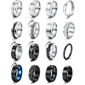 CASSIECA 16-Count Unisex Stainless Steel Spinner Chain Fidget Rings, Cuban Link Jewelry Accessory, Anxiety Relief Wedding Promise Piece (Sizes 7-13) for Daily Wear