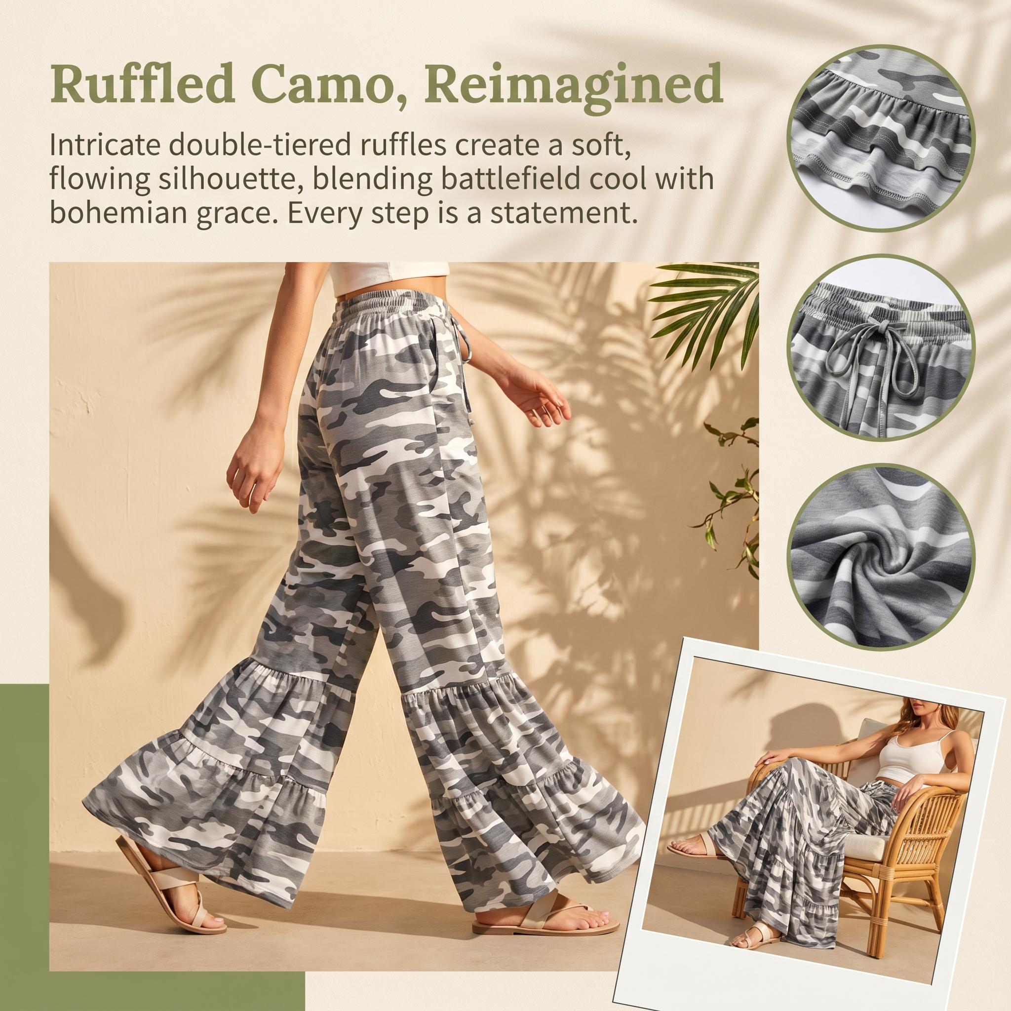 Multicolour Camo Print Wide Leg Casual Pants,back to school shopping
