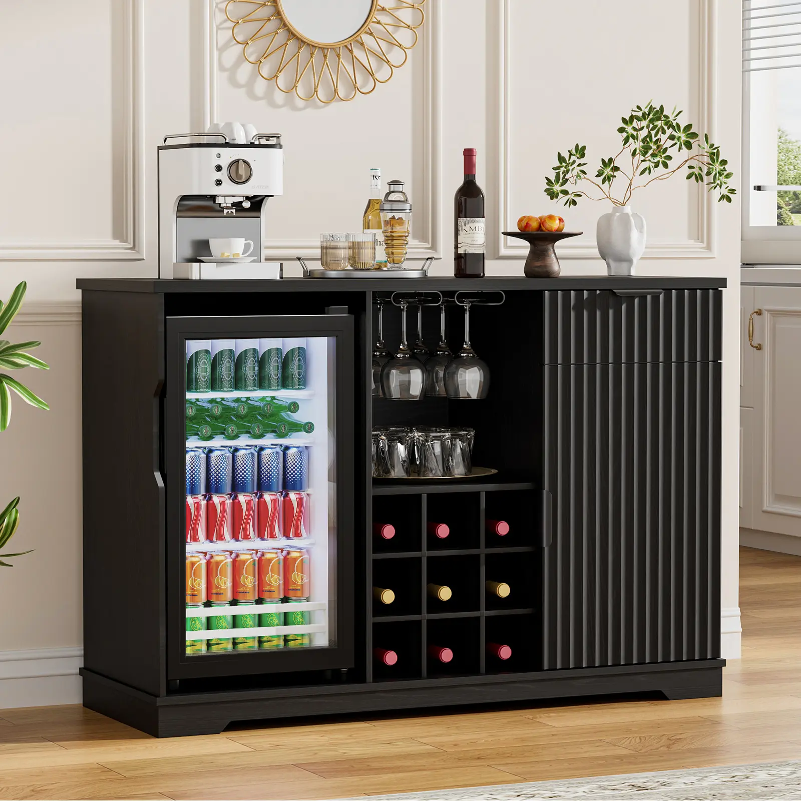 BROTTAR Fluted Wine Bar Cabinet with Fridge (Fridge Included), 47" Coffee Bar Cabinet with Wine Rack and Glass Holder, Liquor Cabinets with Drawer & Storage, Home Bar for Dining Room Kitchen, Black