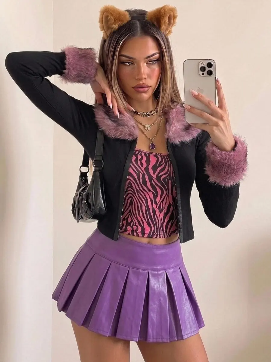 Y2K Women's Fashion Black Color Fur Collar Splicing Block Faux Patchwork Short Jacket Women Goth Clothes Crop Autumn Winter
