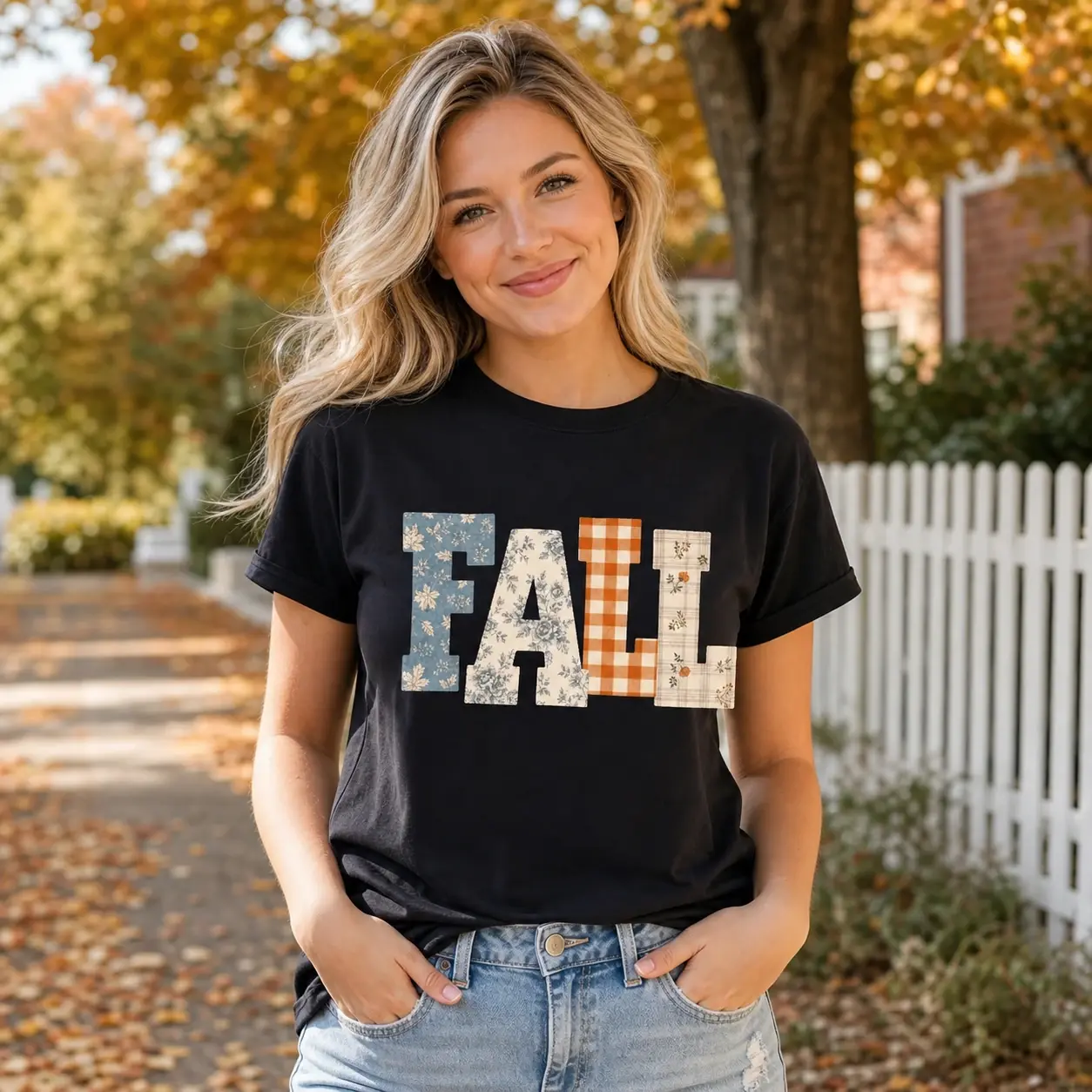 Fall Shirt for Women FALL Patchwork Letter Tee Autumn Floral Plaid Gingham Vintage Thanksgiving Pumpkin Patch Gift - STEVEN91 STORE