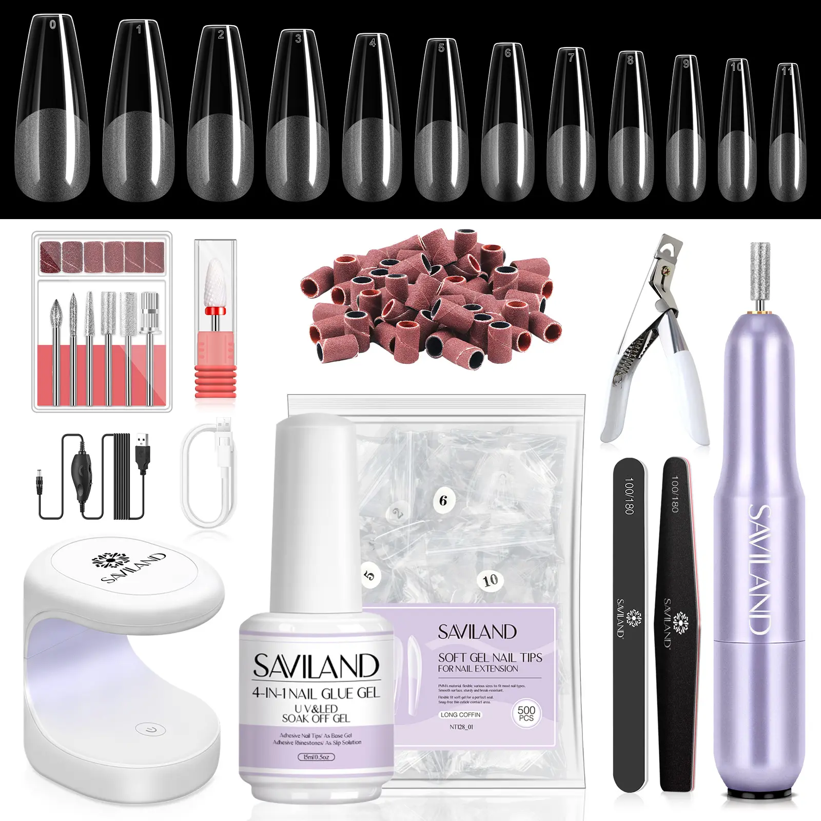 SAVILAND Gel X Nail Kit: Beginner Set Nail Drill 0.5oz Glue Gel 500 Coffin Tips UV Lamp & Acrylic Tools for DIY Home Manicures Perfect for Nail Art
