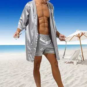 [UltraCompact Pajamas] 2pcs Stylish Silver Men's Pajama Set | Comfortable Hooded Robe & Shorts, Ultra-Compact Polyester | Perfect for Indoor & Outdoor Use, Beach-Themed Design with Glasses & Lounge Chair, Beach Attire Modern Casual Wear