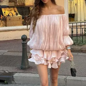 Women's Elegant Satin Ruffled Long-Sleeve Formal Dress - Pull-On Off-Shoulder Puff Sleeves, Backless Loose Fit with Waist Tie, Polyester Wear for Party, Graduation
