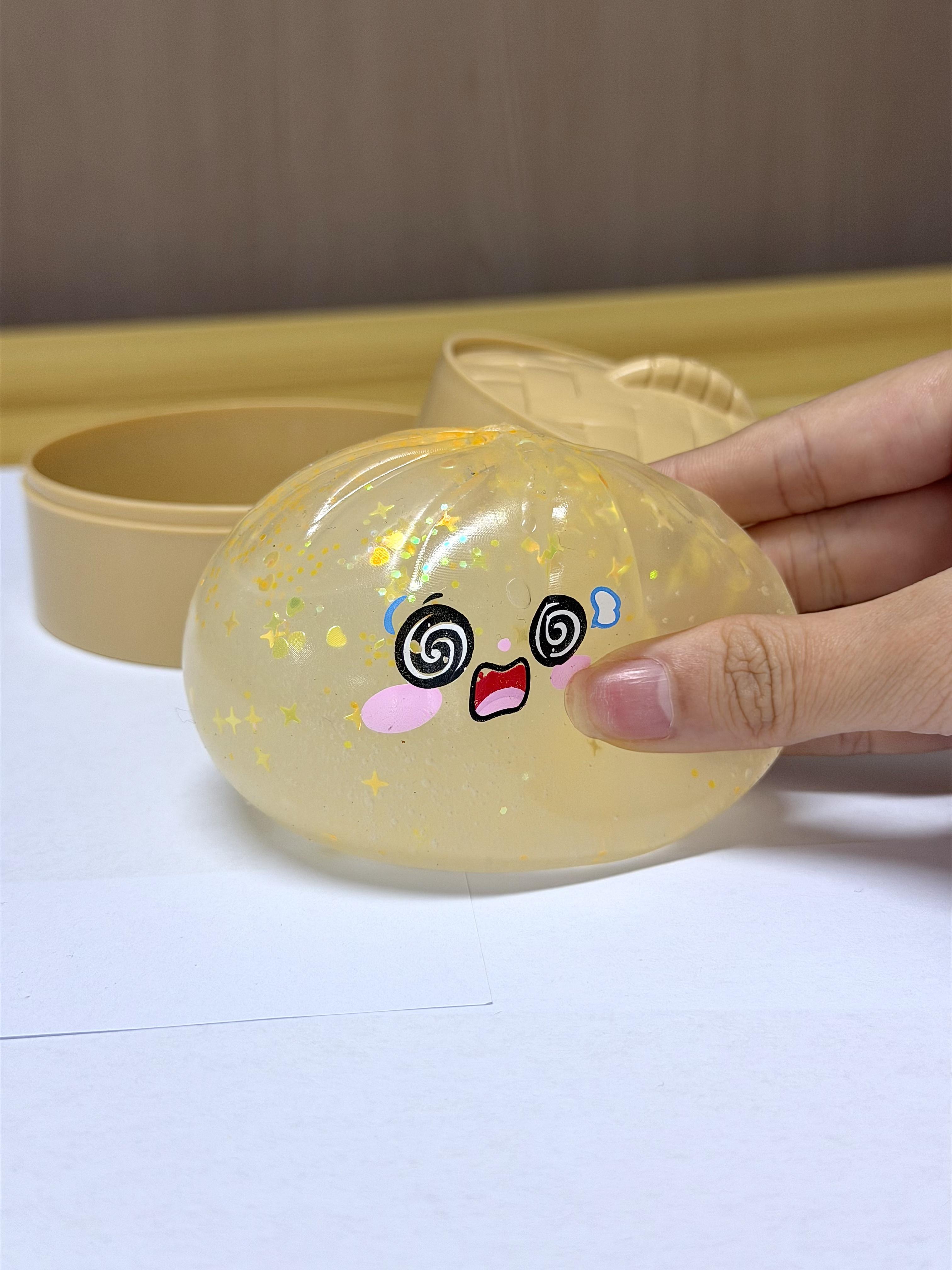 Pale Yellow Glitter Cute Steamed Bun Squishy Slow Rising Stress Relief Fidget Toy With Steamer Box