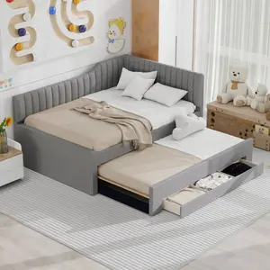 Full Size Upholstered Daybed with Trundle and Three Drawers, Gray