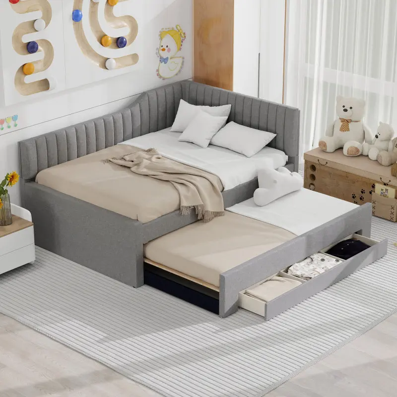Full Size Upholstered Daybed with Trundle and Three Drawers, Gray