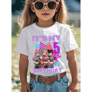 Fun Colorful 5th Birthday T-Shirt for Girls - Stylish Round Neck Tee Featuring Animated Girls with Ponytails, Vibrant Birthday Design with Pink Triangles and Blue Stars, Perfect for Birthday Celebrations and Summer Outdoor Activities
