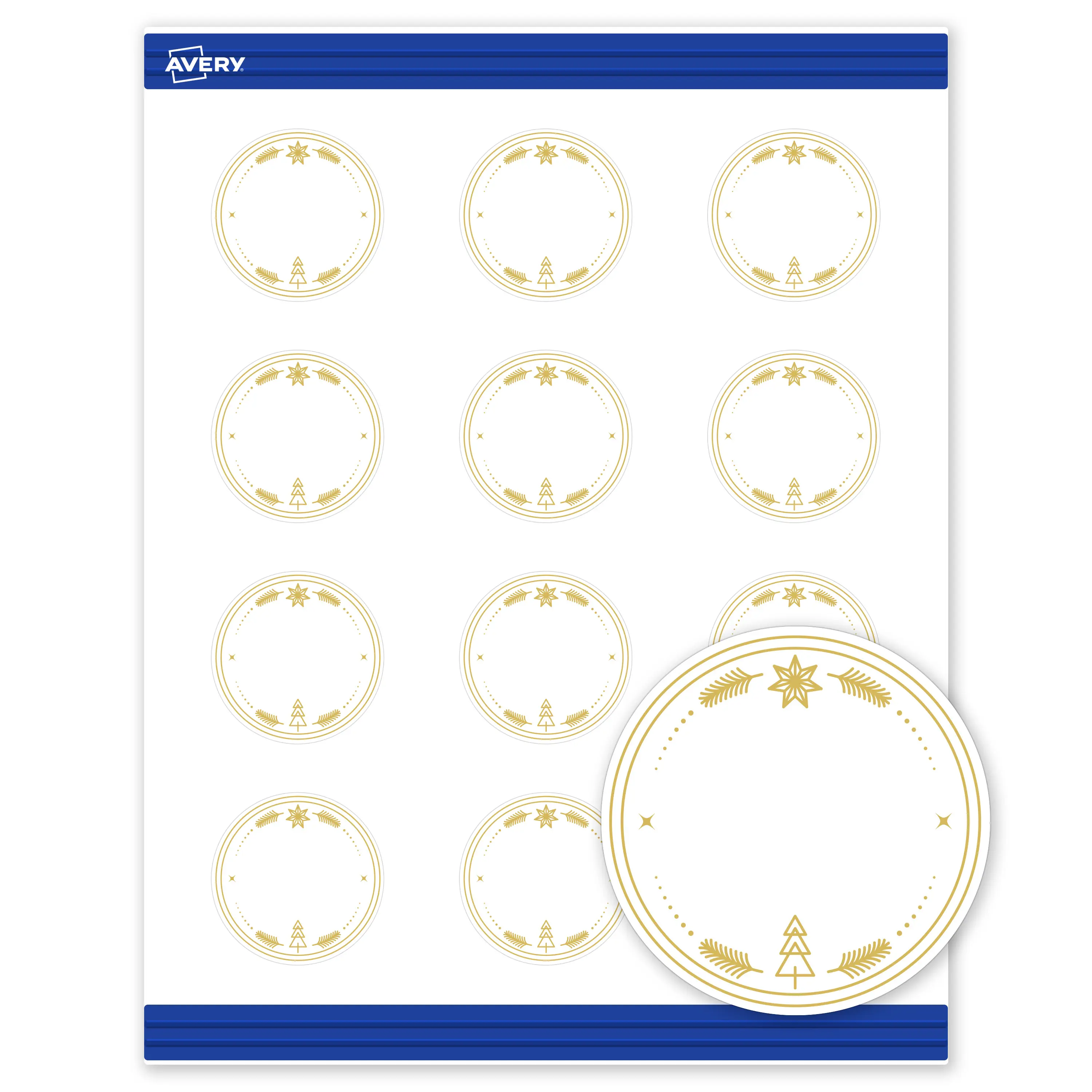 Avery® Printable Customizable Christmas Business & Favor Cards with Sure Feed® Technology, Round, 2" Diameter, Pre-Printed Metallic Gold Tree Design with Metallic Accents, Matte White, Printer-Compatible (Laser & Inkjet), 120 Total for Events