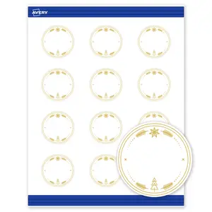 Avery® Printable Christmas Round Business Cards, 2" Diameter, Matte White, Pre-printed Metallic Gold Christmas Trees Design, Sure Feed® Technology, Laser & Inkjet Compatible, 240 Total
