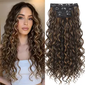 22Inch Curly Clip in Hair Extensions, Hair Extensions 4Pcs  Synthtic Fiber Hairpieces with Invisible Lace Weft Silky Soft Natural Look for Women Dark Chocolate Brown