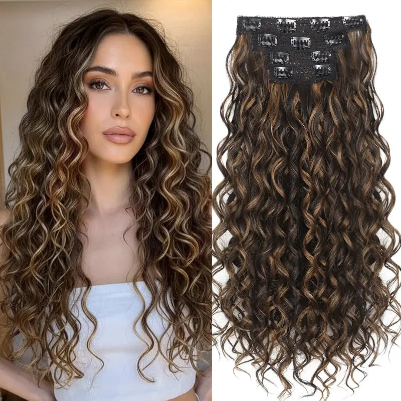 Women's 22in Clip-In Hair Extensions - 4-Piece Silky Soft Curly Synthetic Waves, Invisible Flat Lace Weft, Lightweight Curly Synthetic Extensions & Pieces for Quick Glam Changes & All-Day Wear, Dark Chocolate Brown