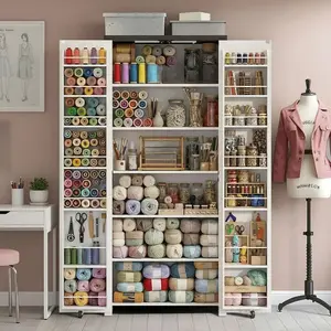 Craft Storage Cabinet with LED Lights - Adjustable Shelves Wooden Sewing Organizer, Fabric Storage & Organization Solution for Craft Room/Home Office