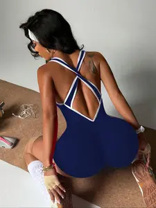 Women's Colorblock Criss Cross Back Sports Tank Romper, Sporty Sleeveless Romper for Yoga Gym Workout, Ladies Sportswear for All Seasons, Sporty Jumpsuit