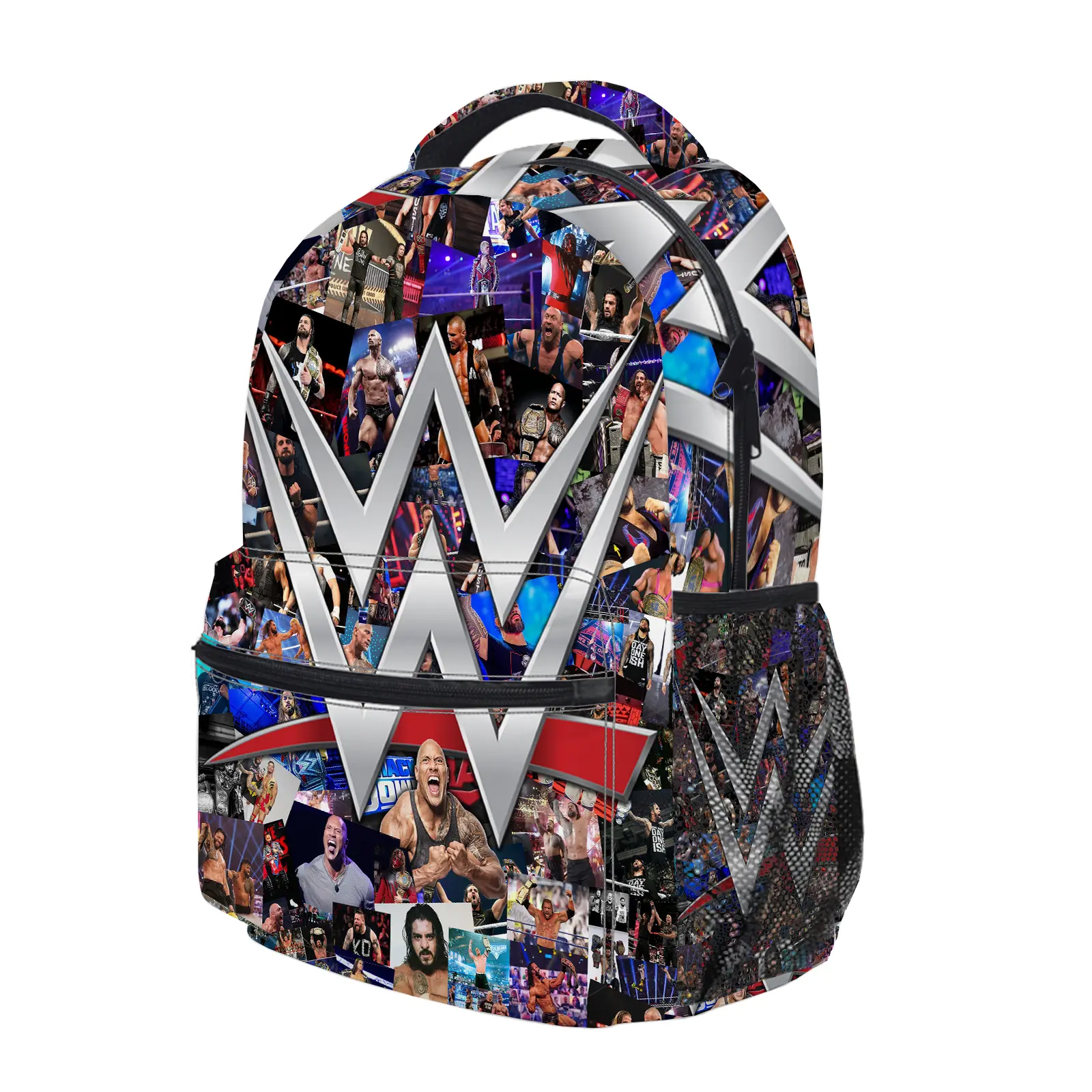 WWE Backpack, Cute Y2K Fashion School Bag for Girls and Teens, Durable Cartoon Printed Bookbag with Mesh Side Pockets, Lightweight Travel Daypack for Back to School c-284