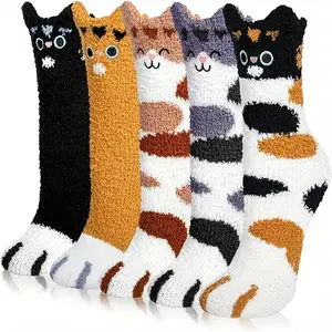 5 Pairs of Plush Slipper Socks Home Coral Fleece Socks Cat Paw Sleep Socks Winter Plush Fluffy Mid-Calf Socks