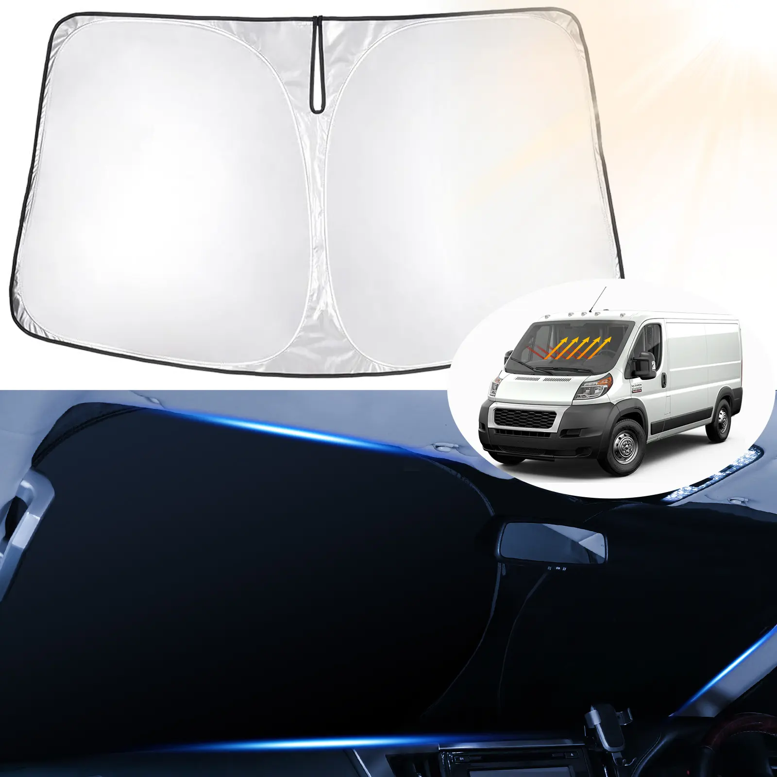 Canvcle Durable Sun Shade - 240T 5-Layer UV Protective Windscreen Shade Cover for 2014-2026 Dodge RAM ProMaster Full Size Cargo Van, Chassis Cab, Cutaway Van, Foldable Sunshade for Car Outside