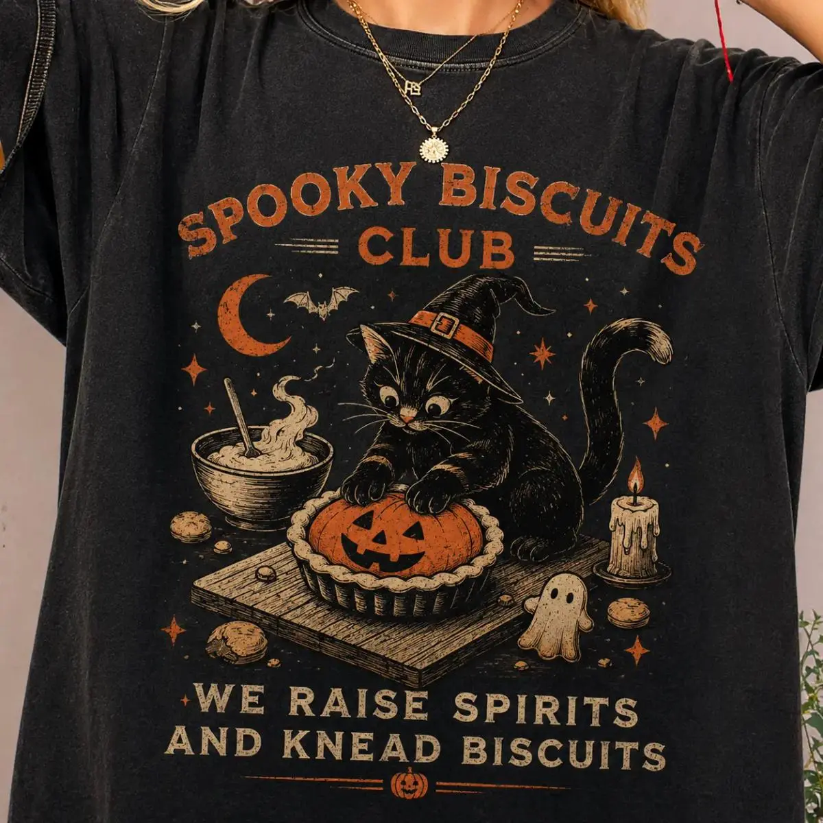 Spooky Biscuits Club Shirt Black Cat Halloween Baking T-Shirt Sweatshirt Hoodie Cute Baker Fall Outfit Essential Cotton Hoodie & Sweatshirt for Men & Women