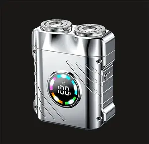 Men Portable Electric Shaver, Double Blade Rotary Shaver with Digital Power Indicator, Waterproof & Washable Electric Razor, Travel Lock Anti-Pinch Design Rechargeable Shaving Razor for Daily Travel Business Trip