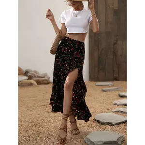 Women'S Black Floral Print High-Waist Maxi Skirt with Asymmetrical Ruffle Hem and Side Slit - Elegant Spring/Summer Fashion for Casual or Dressy Looks Fabric Womenswear Bottom Polyester