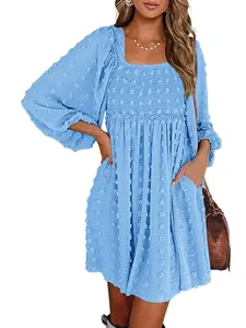 BTFBM Women Square Neck Smocked Dresses 2026 Summer Fall Long Sleeve Swiss Dot Mini Wedding Guest Dress With Pockets #Outdoorfun