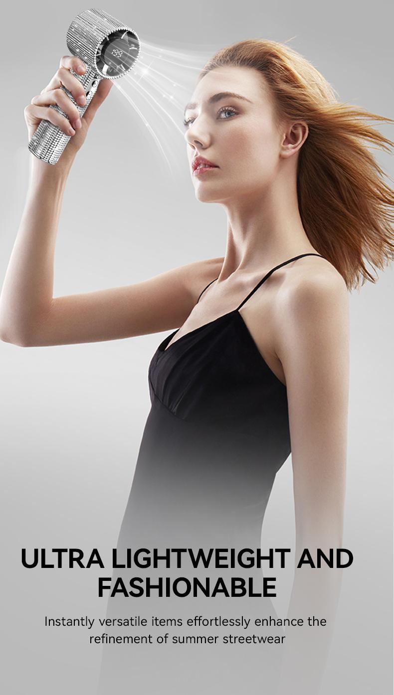 Diamond-Shimmering Luxury Fan-A Portable Handheld Turbo Fan 3 Gear Wind Rechargeable Long Battery Life Hand Fan With Digital Display For Outdoor Activities Travel Office Strong Boosting Output Long Distance Blowing