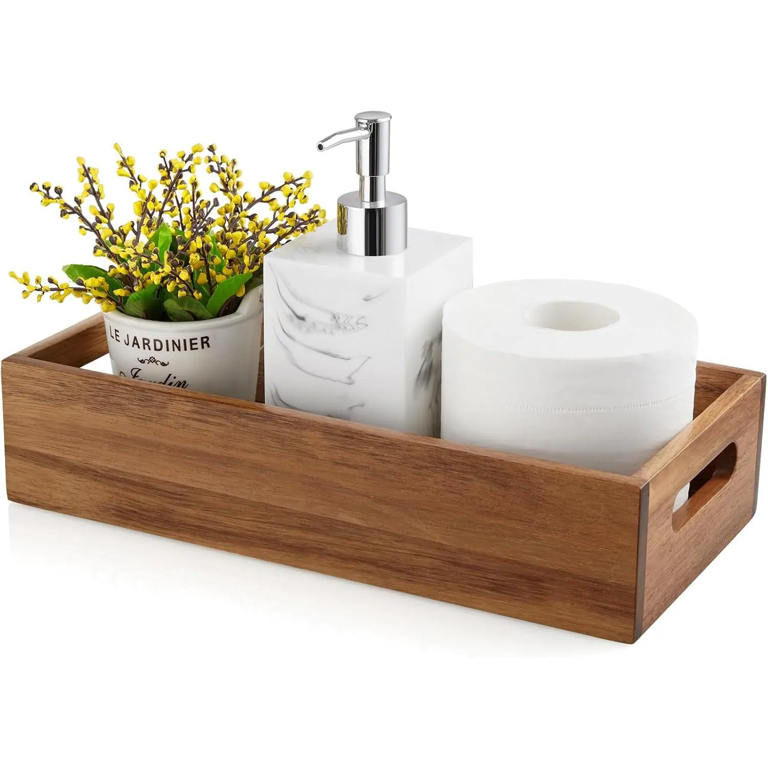 Acacia Wood Bathroom Storage Basket for Organizing - Toilet Paper Basket with Handle for Back of Toilet Tank Top Topper - Small Narrow Baskets for Kitchen Pantry Garage Laundry Room Storage