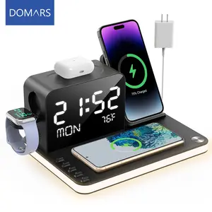 Domars 7-in-1 Wireless Charger Station with Digital Alarm Clock 30W Fast Charging for iPhone Apple Watch AirPods Bluetooth Auto Time Night Light Dimmer Temperature Display