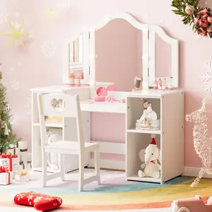 Garvee Children's Vanity Set with Lights, Princess Makeup Computer, Detachable Touch Light Mirror, Triple Folding Design, Storage Closet, Convertible Changing Table and Chair 2-in-1 Playset