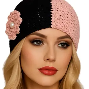Hand Knits 2 Love Cottonn Bandana Headband Headwrap Flower Bead Pink Black Two Tone Designer