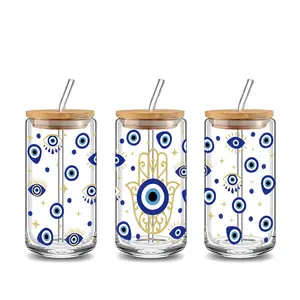 Evil Eye Hamsa Hand Pattern 16oz Glass Can Cup with Lid and Straw,Ideal for Iced Coffee, Hot Chocolate, Juice, Smoothie, Stylish Fashionable Glassware, Perfect Gift for Coffee Lovers, Birthday,Friends & Family, Stylish Drinkware, Stylish Glass Cups