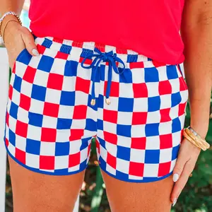 Women's Summer Checkered Drawstring Shorts High Waisted Casual Plaid Shorts Loose Fit Bottoms with Pockets Checkerboard Design Womenswear Chic Baggy Pink Oversize Stretchy Piece