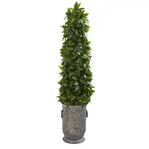 40” Sweet Bay Cone Topiary Artificial Tree  in Vintage Metal Planter