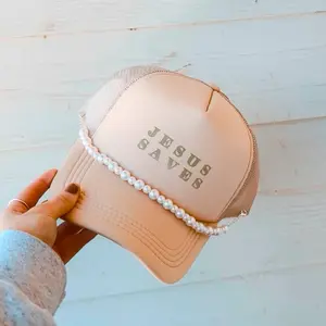 Riley Green Jesus Saves Beige Trucker Hat with Detachable Pearl Belt, Adjustable Fit, and "JESUS SAVES" Text Design