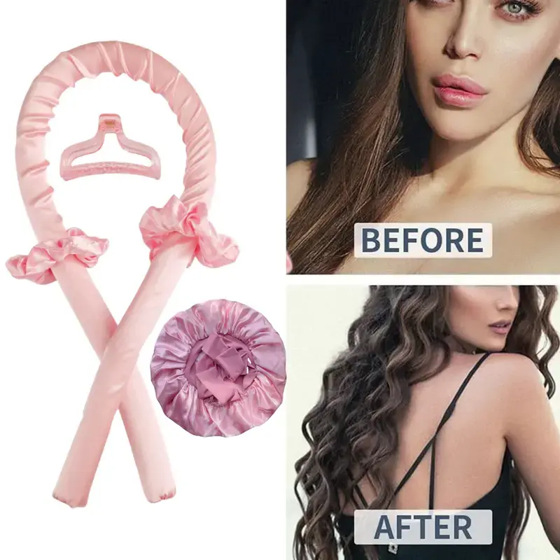 Heatless Curlers Styling Set - Pink Satin Curling Hair Rollers & Scrunchie, Bedtime Styling Tool for Easy Curls & Natural-Looking Hair Enhancement